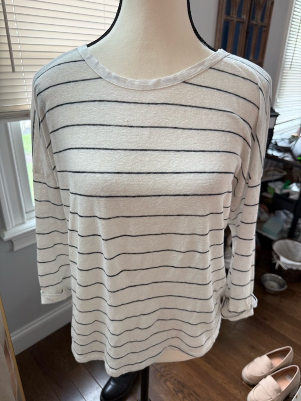 Women's Long Sleeve Striped Semi Sheer Crewneck Top - White/Black Small
